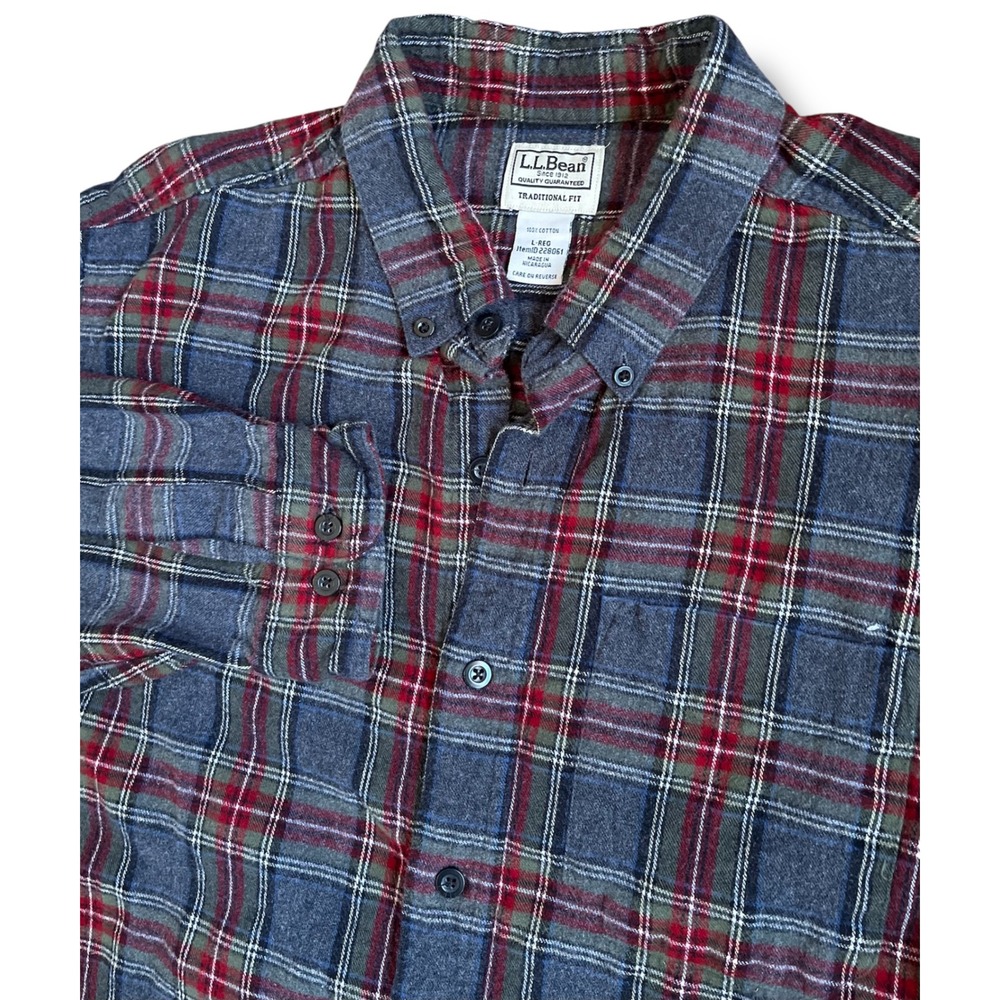 LL‎ Bean Mens Flannel Shirt Blue Red Plaid Traditional Fit Cotton L-Regular